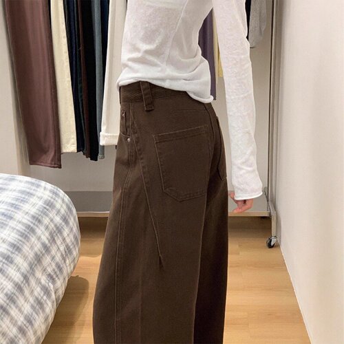 咖色阔腿牛仔裤女春秋薄款新款胖妹妹梨型身材高腰宽松显瘦弯刀裤