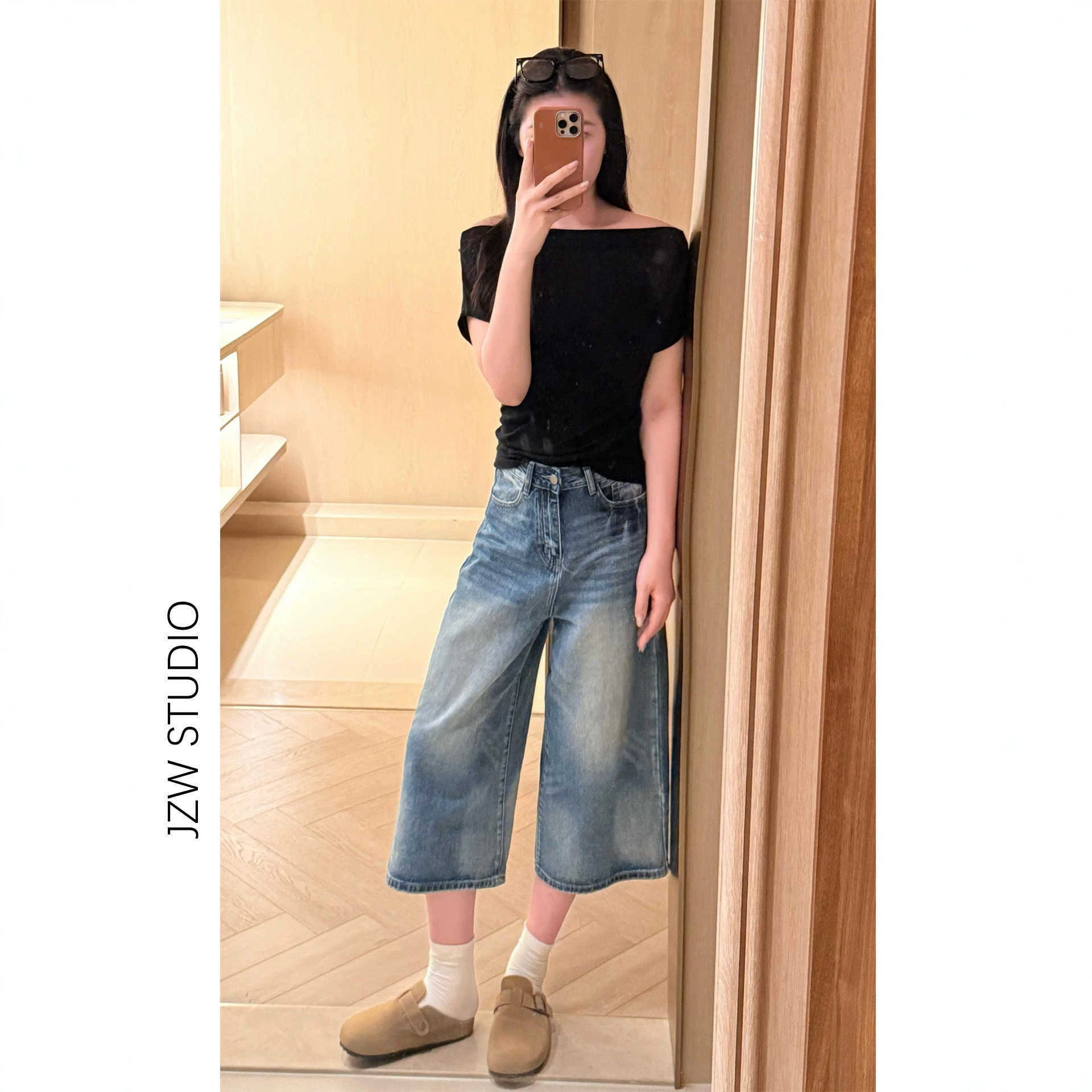 复古蓝色高腰阔腿七分裤女2026夏季新款宽松梨形身材直筒牛仔中裤