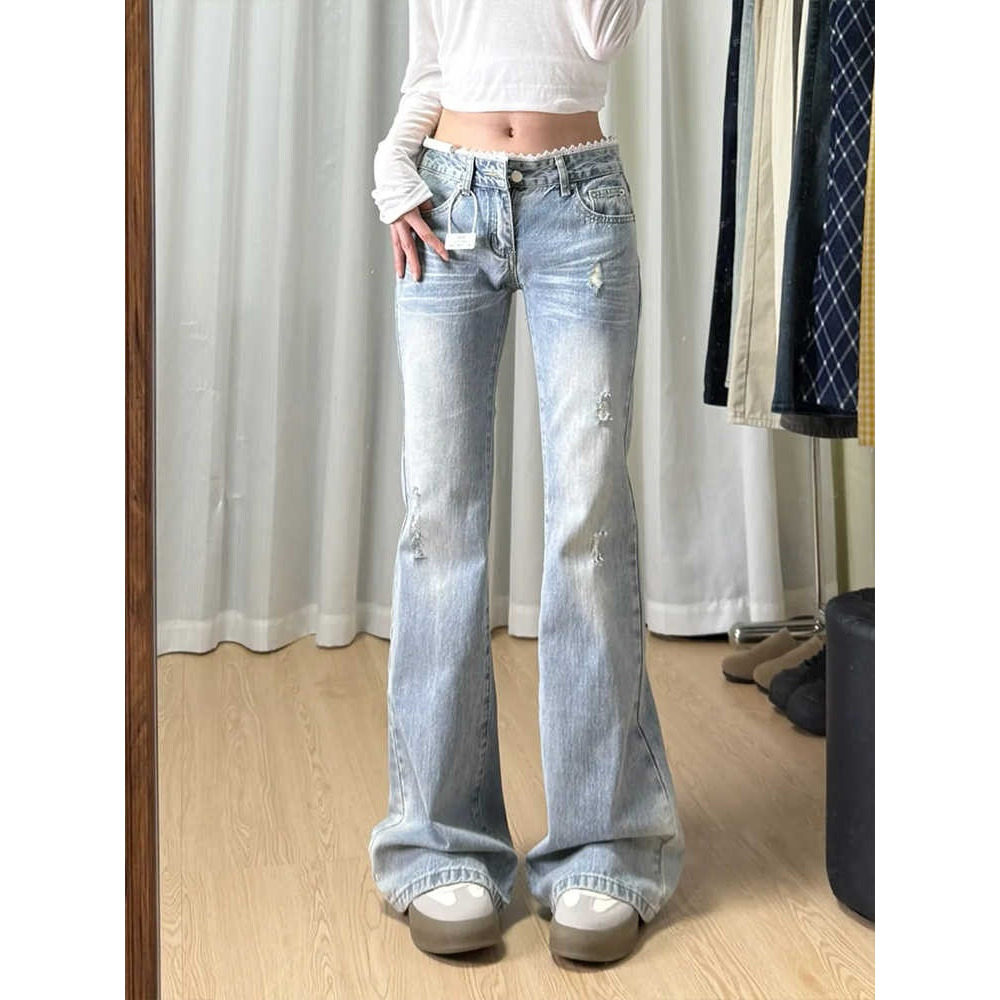 美式浅蓝色微喇牛仔裤女2026春季新款薄款蕾丝拼接高腰显瘦喇叭裤