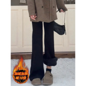 胖mm高腰弹力显瘦加绒加厚喇叭牛仔长裤 黑色垂感微喇裤 女秋冬大码