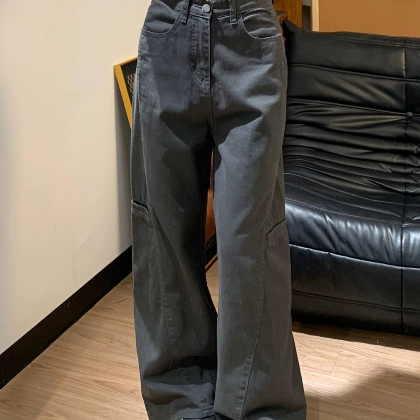 灰色复古窄版工装裤女秋季新款小个子牛仔休闲裤高腰显瘦阔腿裤子