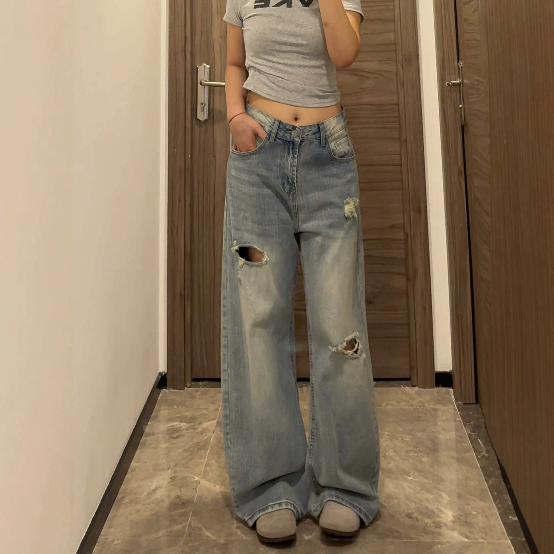 美式蓝色破洞牛仔裤女夏季新款薄款时尚修身高腰宽松显瘦阔腿裤子