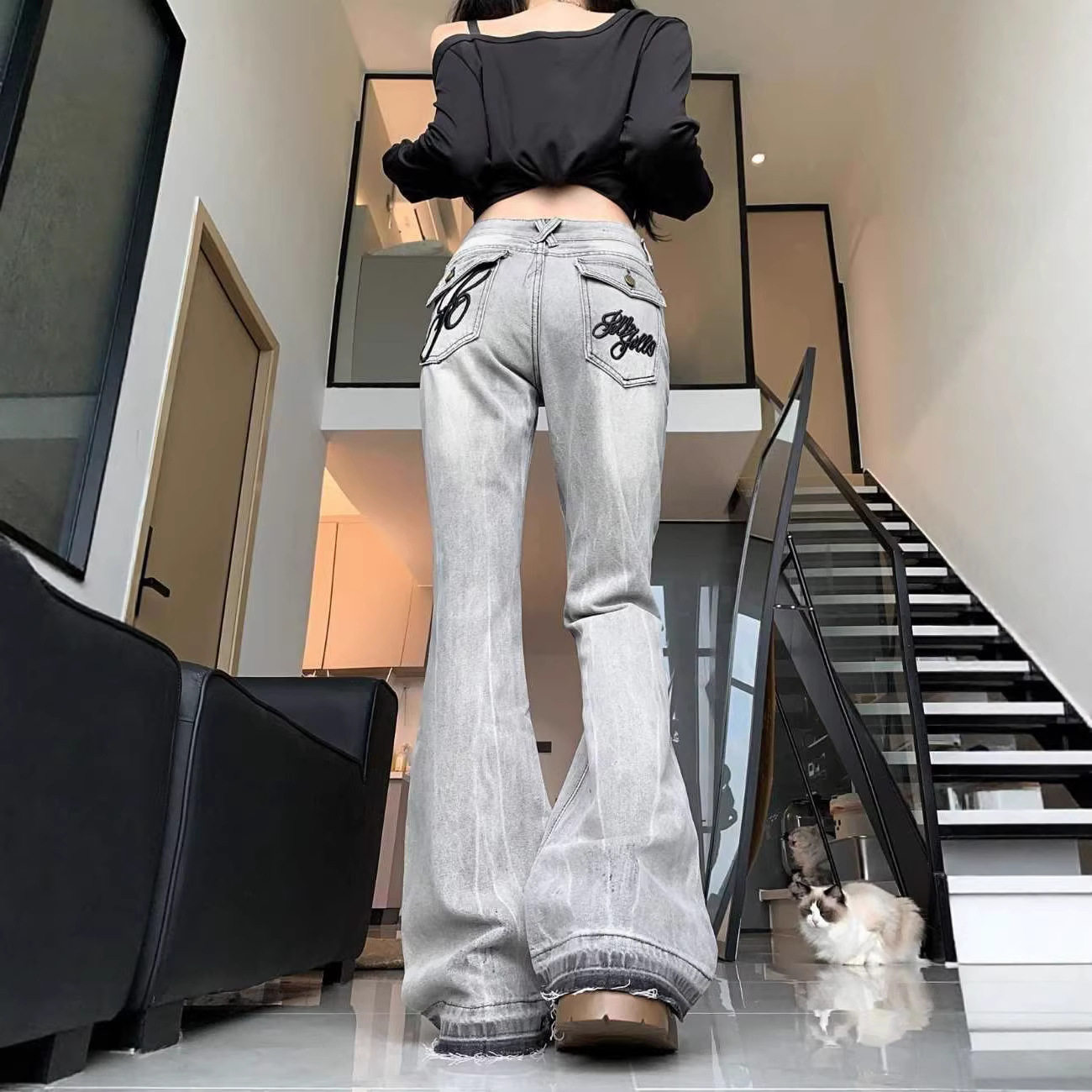 跨境美式复古微喇叭牛仔裤女2026年新款春秋季辣妹低腰毛边拖地裤