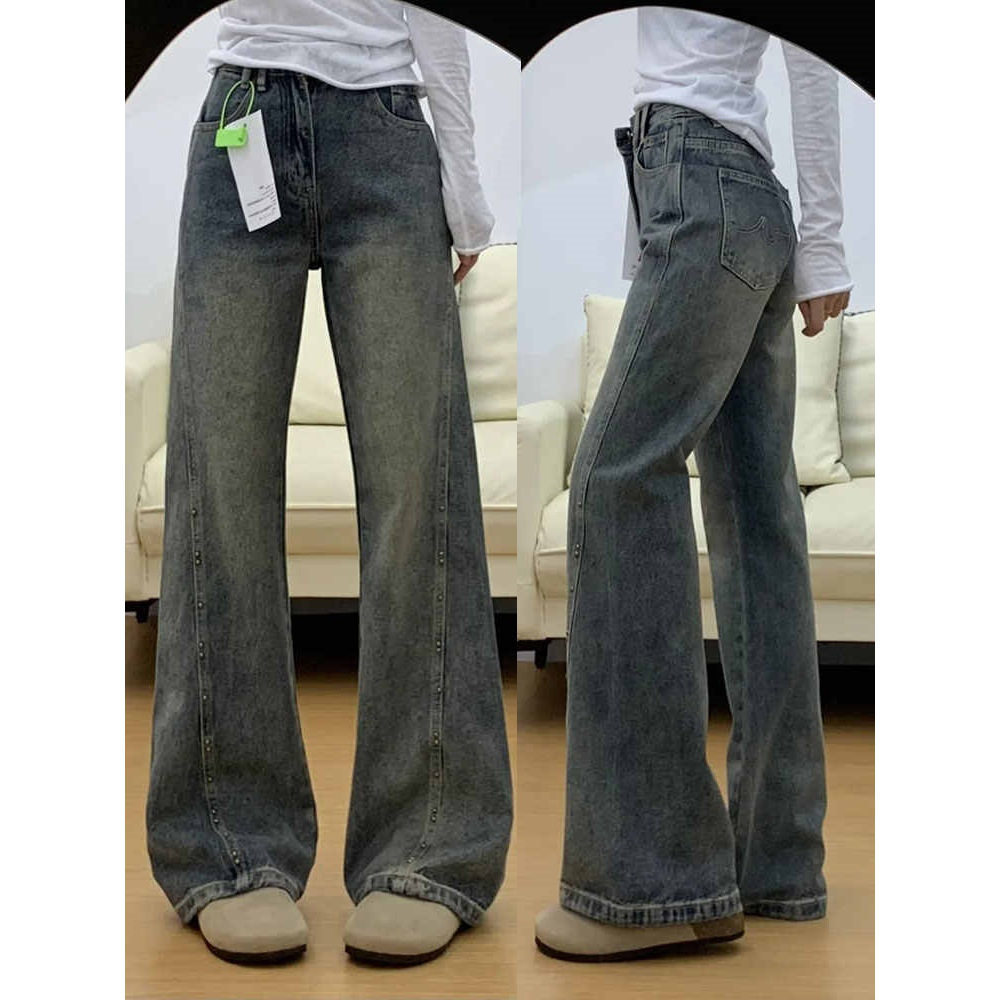 美式复古高腰微喇牛仔裤女2026新款大码胖mm显瘦宽松阔腿喇叭裤子