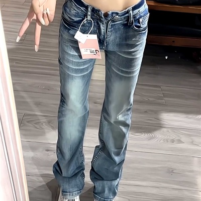 美式高街毛须低腰微喇牛仔裤女秋冬2025新款设计感弹力窄版直筒裤