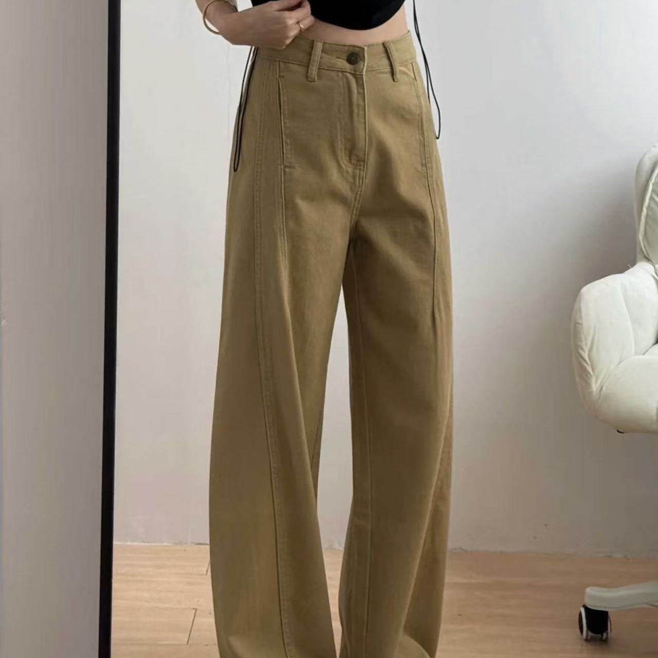 卡其色阔腿牛仔裤女2025秋冬季新款高腰宽松显瘦直筒垂感弯刀长裤