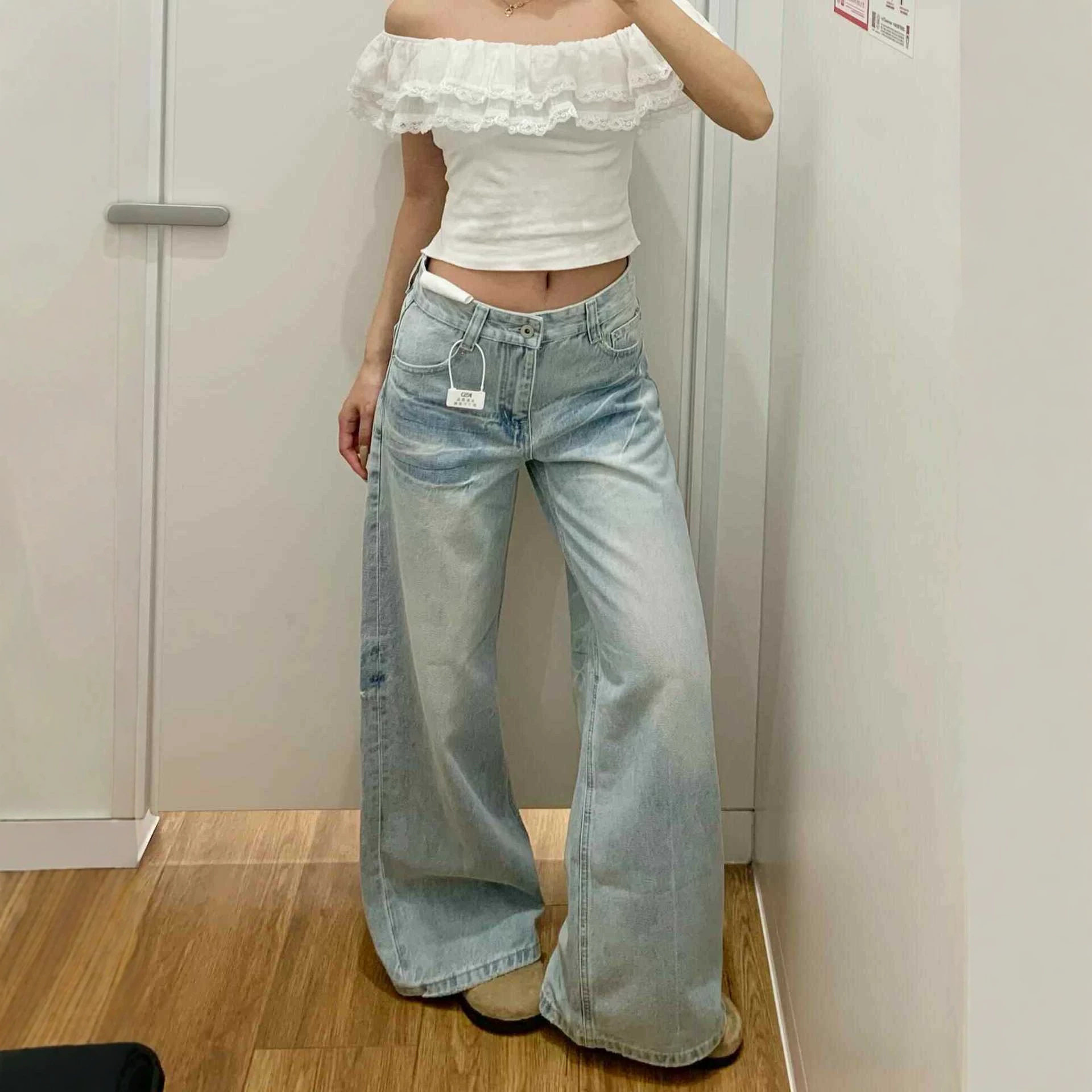 水洗磨白浅色低腰直筒牛仔裤女日常通勤小个子宽松显瘦拖地阔腿裤