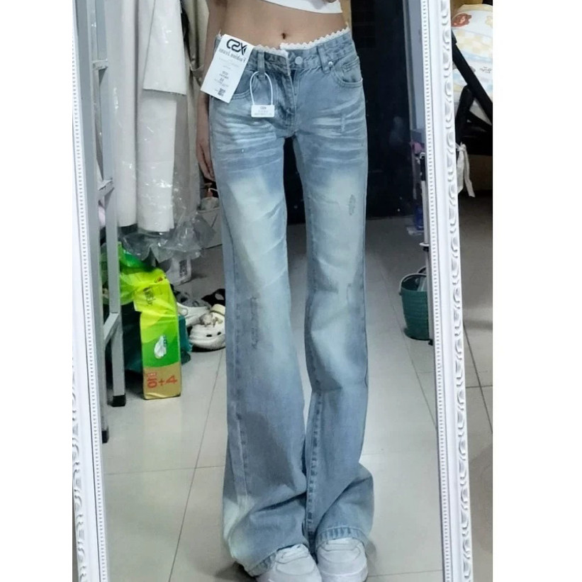 美式复古微喇牛仔裤女2026春季新款低腰修身显瘦百搭拖地喇叭裤子