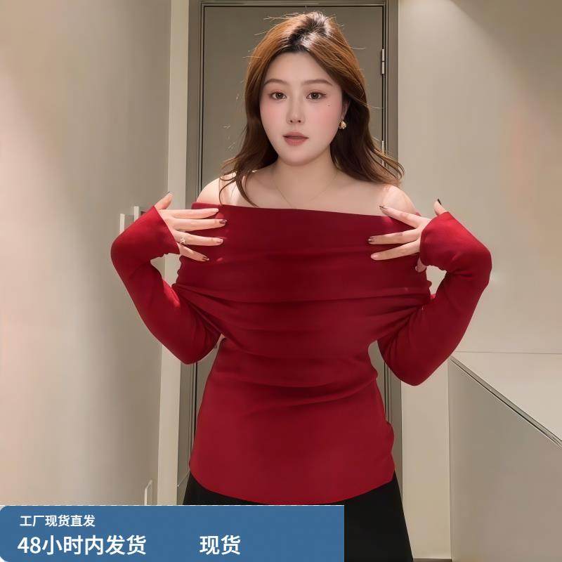 大码法式复古红色一字肩长袖针织衫女秋冬季微胖MM高级感露肩上衣