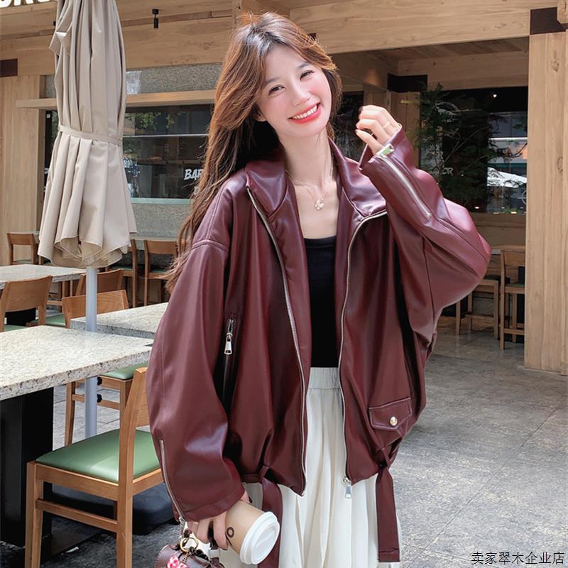酒红色覆古皮衣外套女春秋2025新款小个子PU夹克机车服爆款高级感