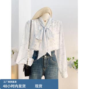 长袖蓝色上衣韩系温柔风衬衣春装女款2026年新款蝴蝶结设计感衬衫