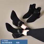 气质磨砂羊皮小短靴女2024新款 秋冬尖头粗跟软底单靴马丁靴女加绒