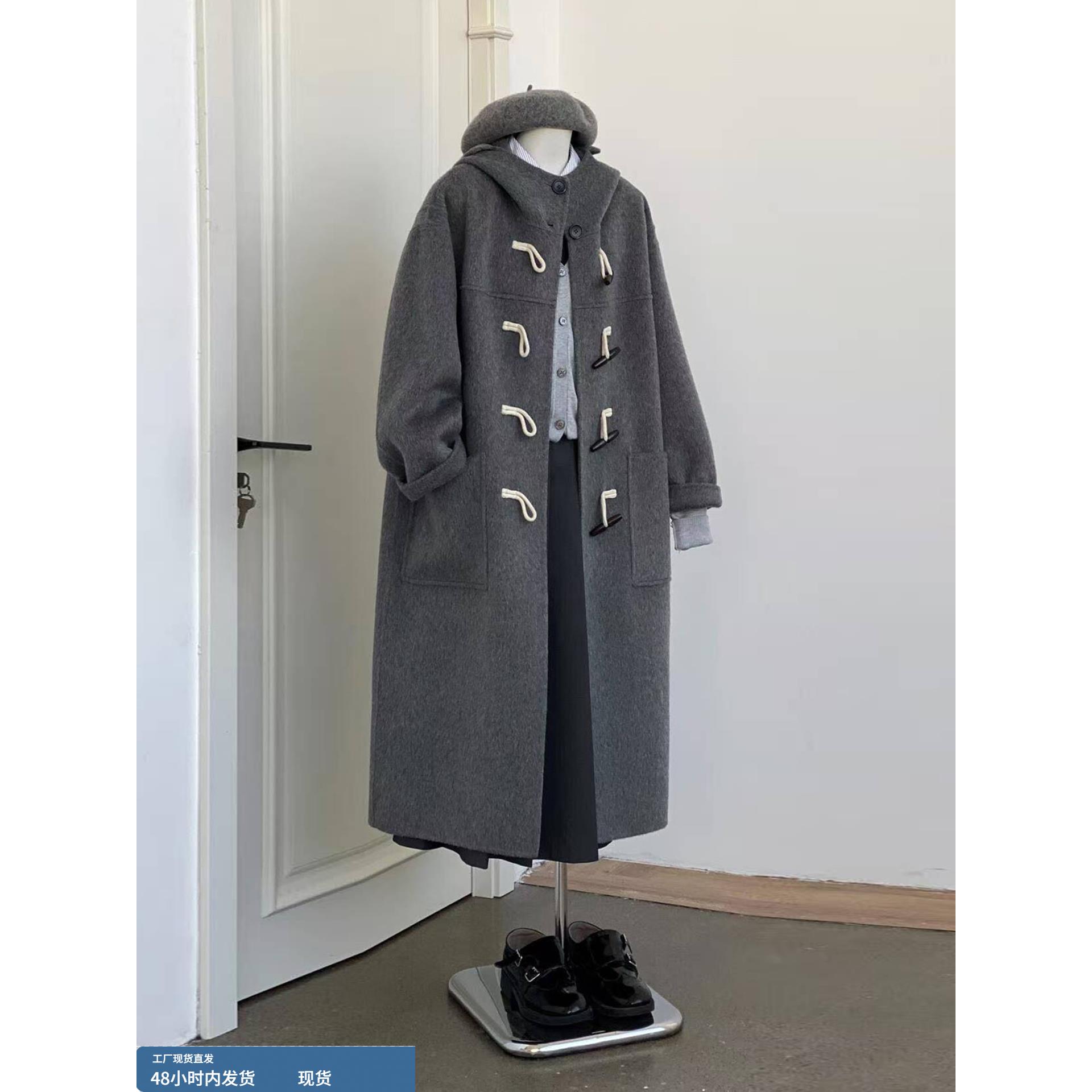 深冬灰色牛角扣呢子大衣女入冬季2025新款毛呢外套独特超好看加厚