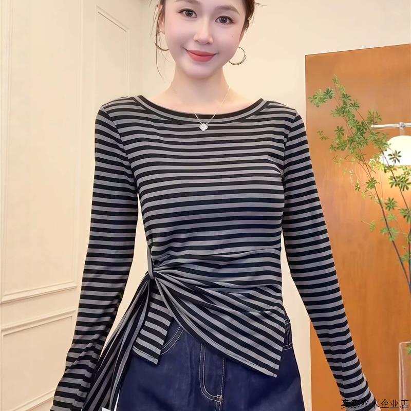早秋穿搭不规则条纹长袖t恤女2025新款巨好看高级感chic别致上衣