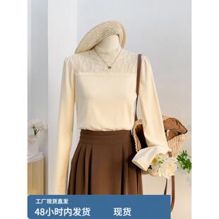 打底衫女士2026春季新款杏色修身套头蕾丝拼接设计感长袖t恤上衣