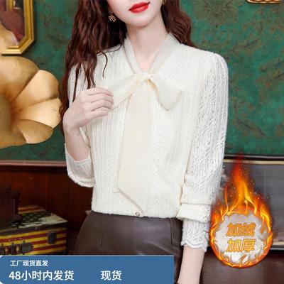蝴蝶结加绒加厚蕾丝打底衫女2025新款轻奢高级感爆款洋气内搭上衣