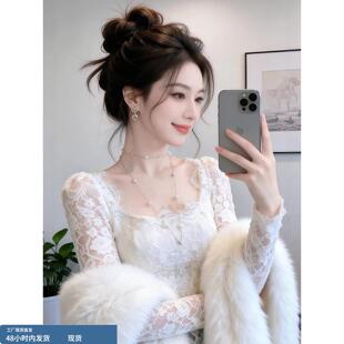 纯欲辣妹低领蕾丝打底衫 皮草内搭叠穿修身 长袖 上衣 女秋冬2026新款