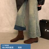 欧货方头绒面粗跟短靴女秋冬新款 百搭后拉链低跟马丁靴瘦瘦靴 时尚
