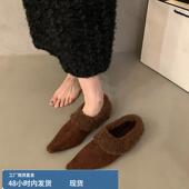 棉鞋 羊羔毛复古棕色加绒尖头单鞋 保暖毛毛平底鞋 时尚 女秋冬新款