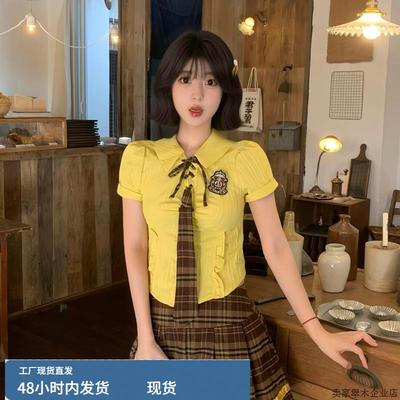 美式辣妹黄色收腰短袖衬衫甜酷学院风格纹百褶裙迪士尼穿搭套装女