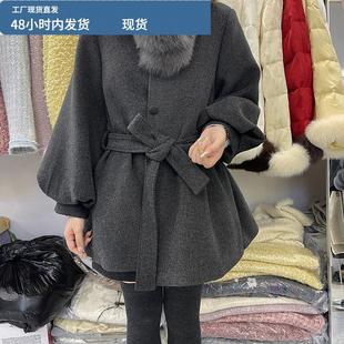 2025秋冬毛领灯笼袖毛呢外套女中长款系带收腰大衣名媛风羽绒内胆