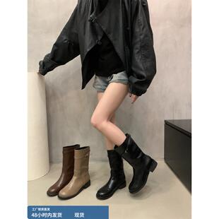粗跟黑色英伦中筒骑士靴马丁靴切尔西法式春夏季套筒女靴子中筒靴