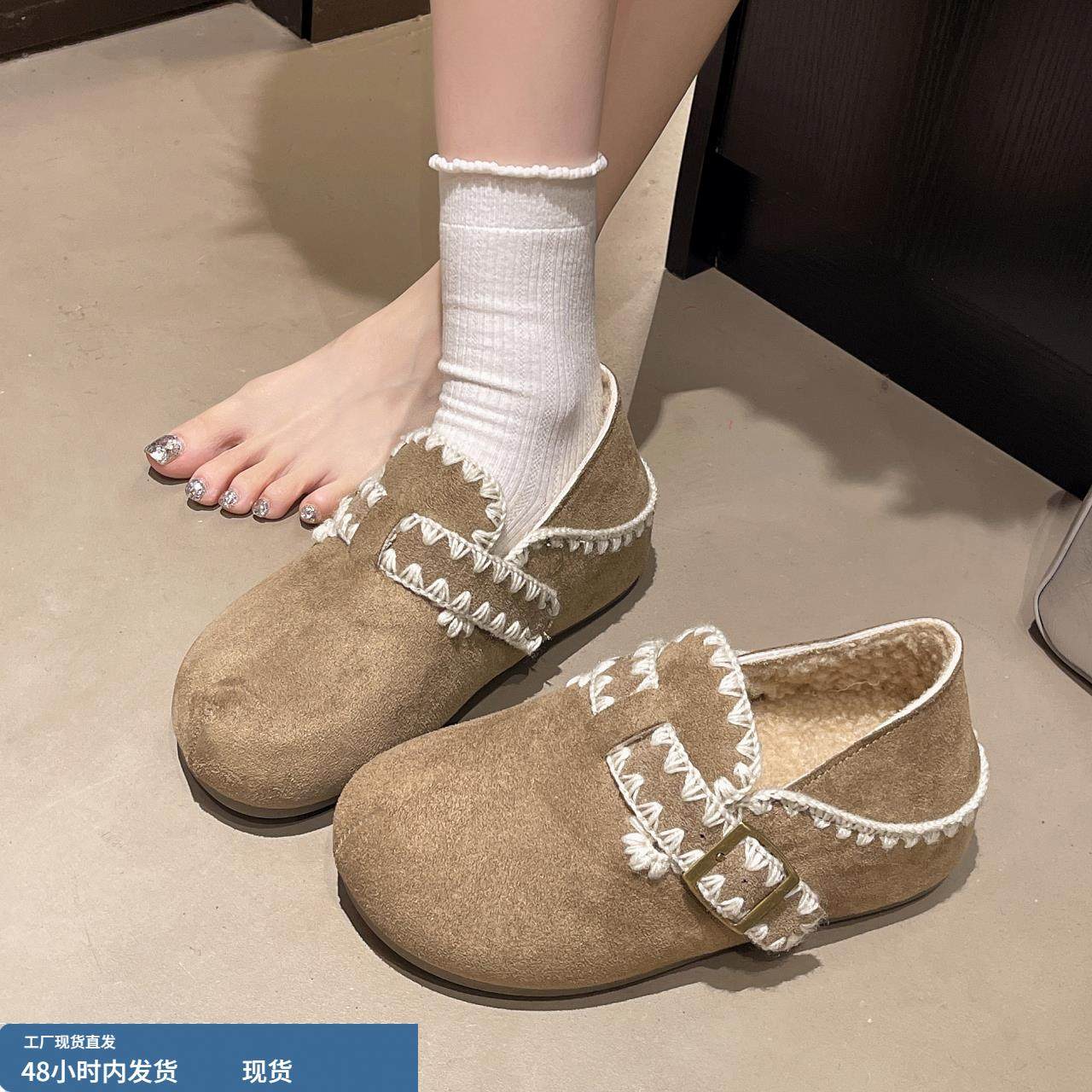 厚底内增高加绒勃肯鞋女2025秋冬新款爆款一脚蹬豆豆棉鞋子乐福鞋