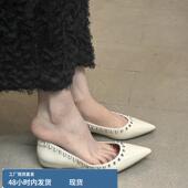 气质柳丁浅口平底瓢鞋 羊皮版 女2025新款 铆钉尖头内增高单鞋 法式