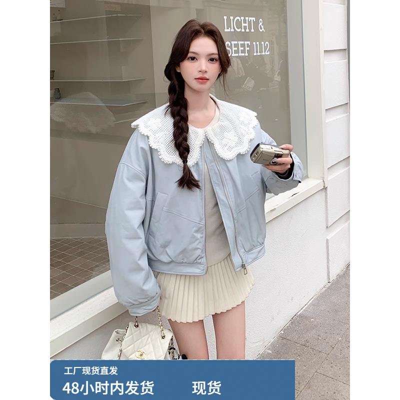 蓝色小香风羽绒服女2025冬季新款时尚蕾丝高级感保暖白鸭绒短外套