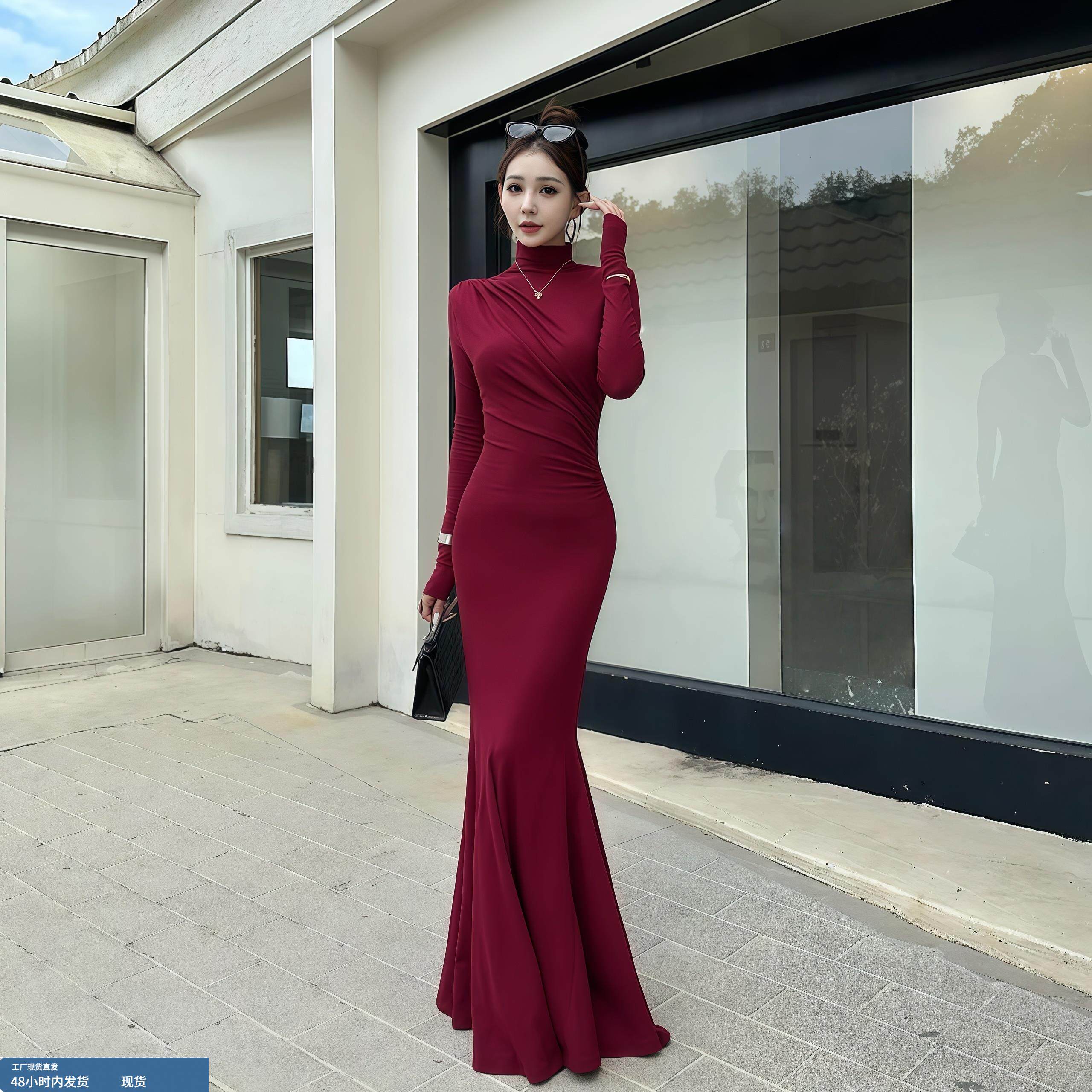 法式辣妹褶皱高领连衣裙女装秋冬季新款收腰显瘦高级感鱼尾长裙子