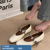 内增高一字带搭扣玛丽珍鞋 女春秋新款 复古方头浅口单鞋 羊皮法式