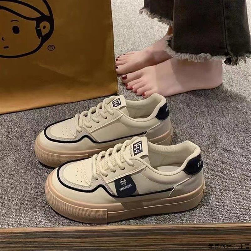 韩版网红潮小白鞋女2025新款春夏透气厚底时尚板鞋圆头系带松糕运