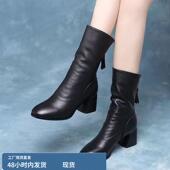 真皮中筒靴女2024新款 秋冬粗跟圆头头层牛皮低跟百搭马丁靴女加绒