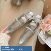 浅口粗跟玛丽珍鞋 羊皮版 女一字带芭蕾舞鞋 方头单鞋 软皮银色法式