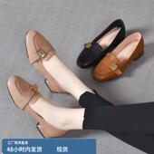 女鞋 真皮粗跟乐福鞋 复古小皮鞋 方头浅口一脚蹬百搭四季 女2025新款
