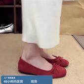 不累脚一脚蹬平底单鞋 女2025新款 红色覆古蝴蝶结芭蕾舞鞋 羊皮版