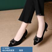 细跟舒适软底黑色职业单鞋 真皮羊皮尖头水钻高跟鞋 女春秋2025新款