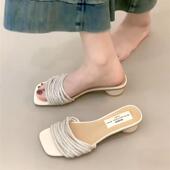 外穿配裙子方头一字凉拖鞋 女夏季 仙女风水钻细带粗跟拖鞋 羊皮版