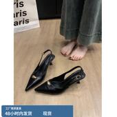 名媛风单鞋 羊皮版 女金属扣细跟浅口后空高跟鞋 尖头包头凉鞋 韩版