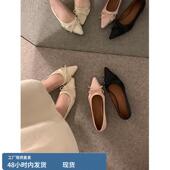 蝴蝶结通勤一脚蹬瓢鞋 羊皮版 女新款 内增高尖头缎面浅口单鞋 法式