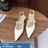 后空高跟鞋 一字带水钻配裙子尖头单鞋 女2025新款 米色细跟包头凉鞋