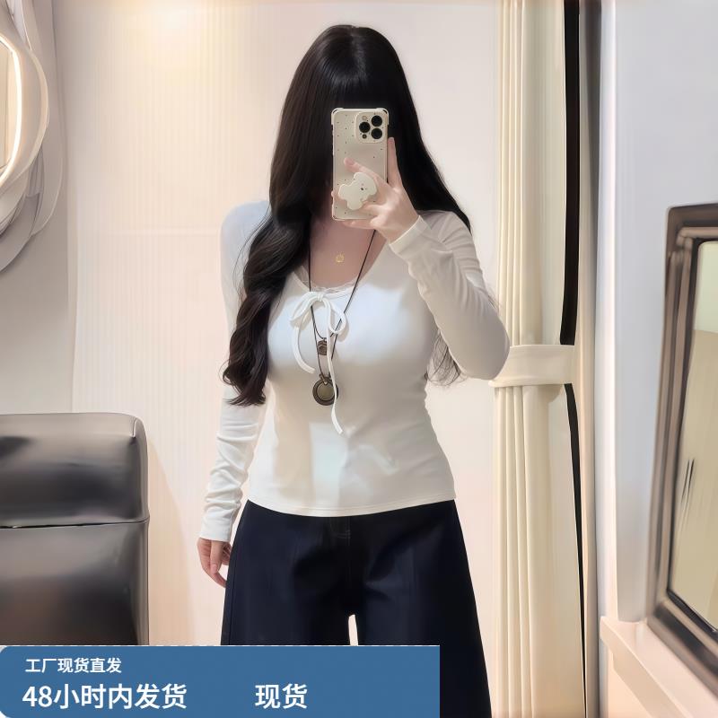 大码纯欲蕾丝拼接长袖t恤女2025秋冬胖mm显瘦遮肚内搭超好看上衣