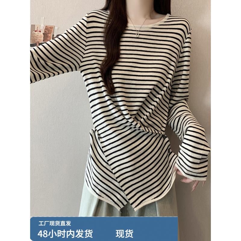 大码女装2025新款早秋韩系高级感chic别致上衣遮肚子掐腰针织t恤