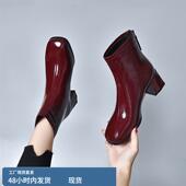 真皮方头小短靴女2024秋冬新款 粗跟软底单靴百搭漆皮马丁靴女加绒