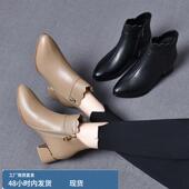 真皮粗跟尖头短靴女2024秋冬新款 中跟软底百搭单靴英伦风马丁靴女