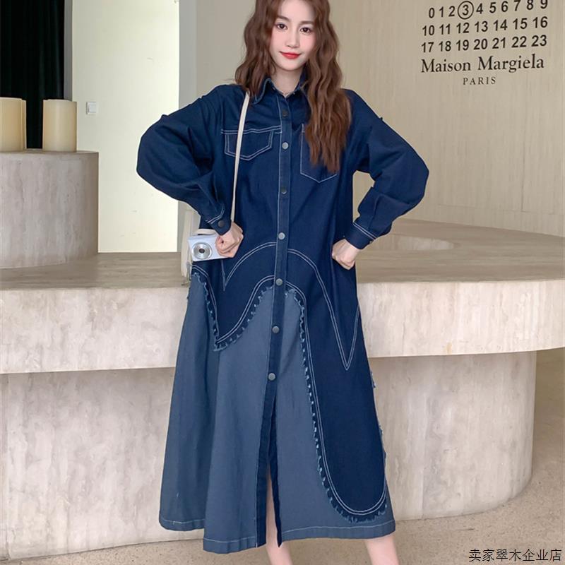 假两件拼接蓝色牛仔连衣裙女春秋2025新款法式气质巨好看衬衫裙子