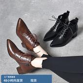真皮尖头粗跟短靴女2024秋冬新款 中跟软底英伦风单靴百搭马丁靴女