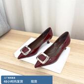 黑色职业工作鞋 漆皮酒红色单鞋 女细跟2025春秋新款 金属方扣高跟鞋
