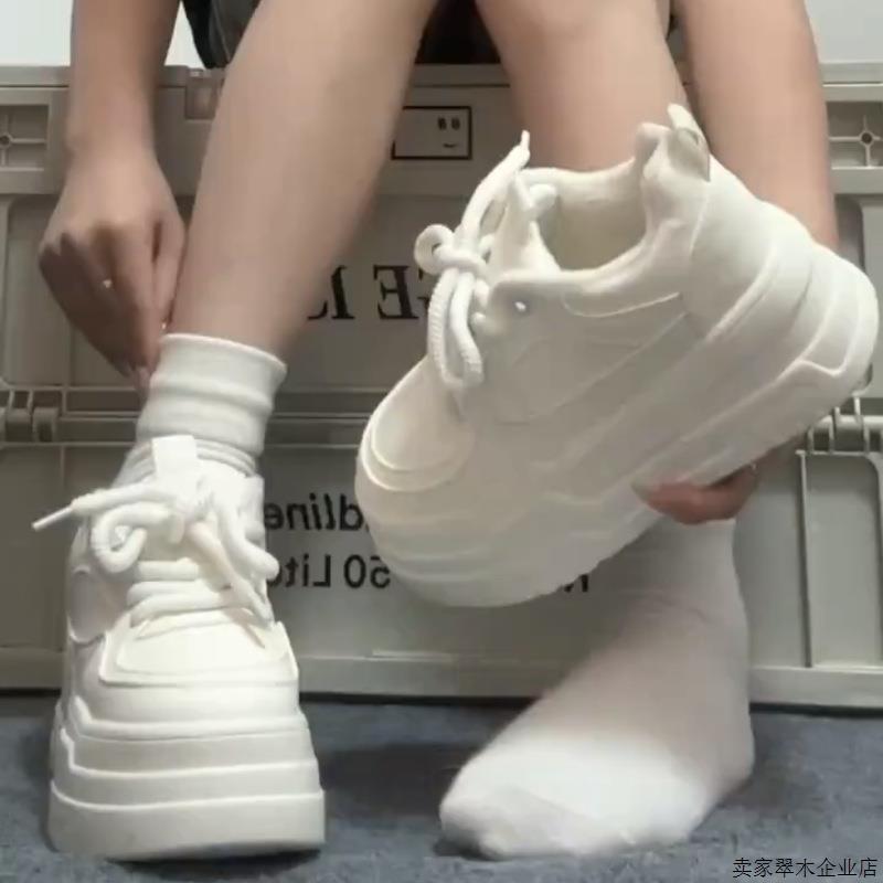 韩版白色运动鞋女夏季松糕厚底小白鞋圆头系带面包板鞋增高休闲鞋