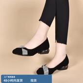 圆头粗跟水钻一脚蹬磨砂百搭女鞋 春季 女2025新款 真皮浅口低跟单鞋